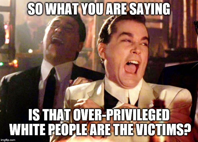 Good Fellas Hilarious Meme | SO WHAT YOU ARE SAYING IS THAT OVER-PRIVILEGED WHITE PEOPLE ARE THE VICTIMS? | image tagged in memes,good fellas hilarious | made w/ Imgflip meme maker