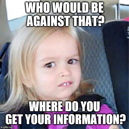 Confused Little Girl | WHO WOULD BE AGAINST THAT? WHERE DO YOU GET YOUR INFORMATION? | image tagged in confused little girl | made w/ Imgflip meme maker