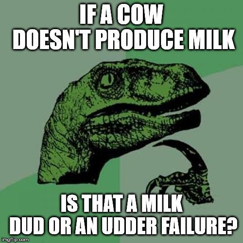 Philosoraptor | IF A COW DOESN'T PRODUCE MILK; IS THAT A MILK DUD OR AN UDDER FAILURE? | image tagged in memes,philosoraptor | made w/ Imgflip meme maker