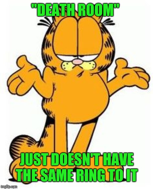 Garfield shrug | "DEATH ROOM" JUST DOESN'T HAVE THE SAME RING TO IT | image tagged in garfield shrug | made w/ Imgflip meme maker