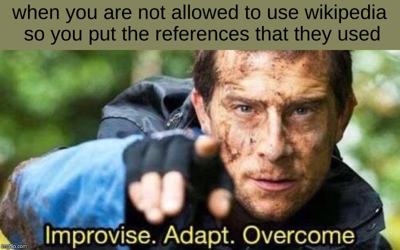 Modern Problems Require Modern Solutions |  when you are not allowed to use wikipedia so you put the references that they used | image tagged in improvise adapt overcome,memes,funny,wikipedia | made w/ Imgflip meme maker
