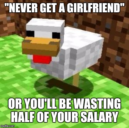 (Properly Sized) Minecraft Advice Chicken | ''NEVER GET A GIRLFRIEND"; OR YOU'LL BE WASTING HALF OF YOUR SALARY | image tagged in properly sized minecraft advice chicken | made w/ Imgflip meme maker
