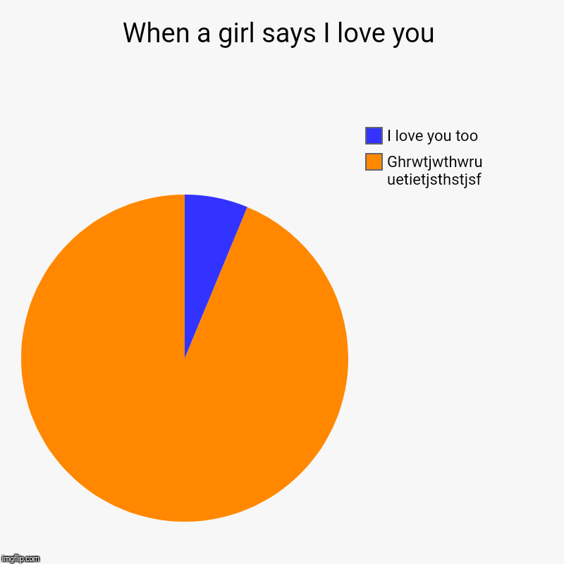 When a girl says I love you | Ghrwtjwthwru uetietjsthstjsf, I love you too | image tagged in charts,pie charts | made w/ Imgflip chart maker