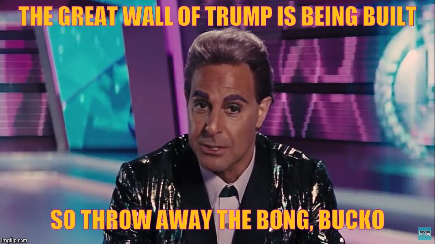 Caesar Flickerman (Stanley Tucci) | THE GREAT WALL OF TRUMP IS BEING BUILT SO THROW AWAY THE BONG, BUCKO | image tagged in caesar flickerman stanley tucci | made w/ Imgflip meme maker