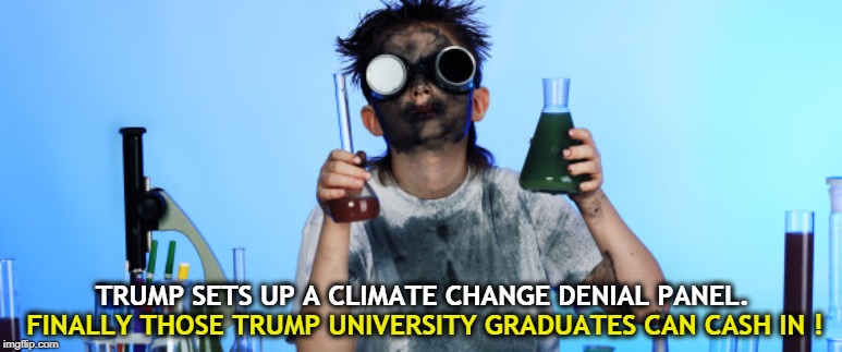 TRUMP SETS UP A CLIMATE CHANGE DENIAL PANEL. FINALLY THOSE TRUMP UNIVERSITY GRADUATES CAN CASH IN ! | image tagged in trump,climate change,global warming,trump university | made w/ Imgflip meme maker