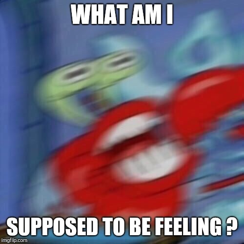 Mr krabs blur | WHAT AM I SUPPOSED TO BE FEELING ? | image tagged in mr krabs blur | made w/ Imgflip meme maker