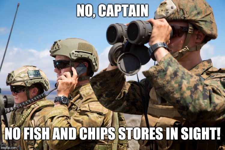 USMC Australian Army Soldiers Radio binoculars lookout | NO, CAPTAIN NO FISH AND CHIPS STORES IN SIGHT! | image tagged in usmc australian army soldiers radio binoculars lookout | made w/ Imgflip meme maker