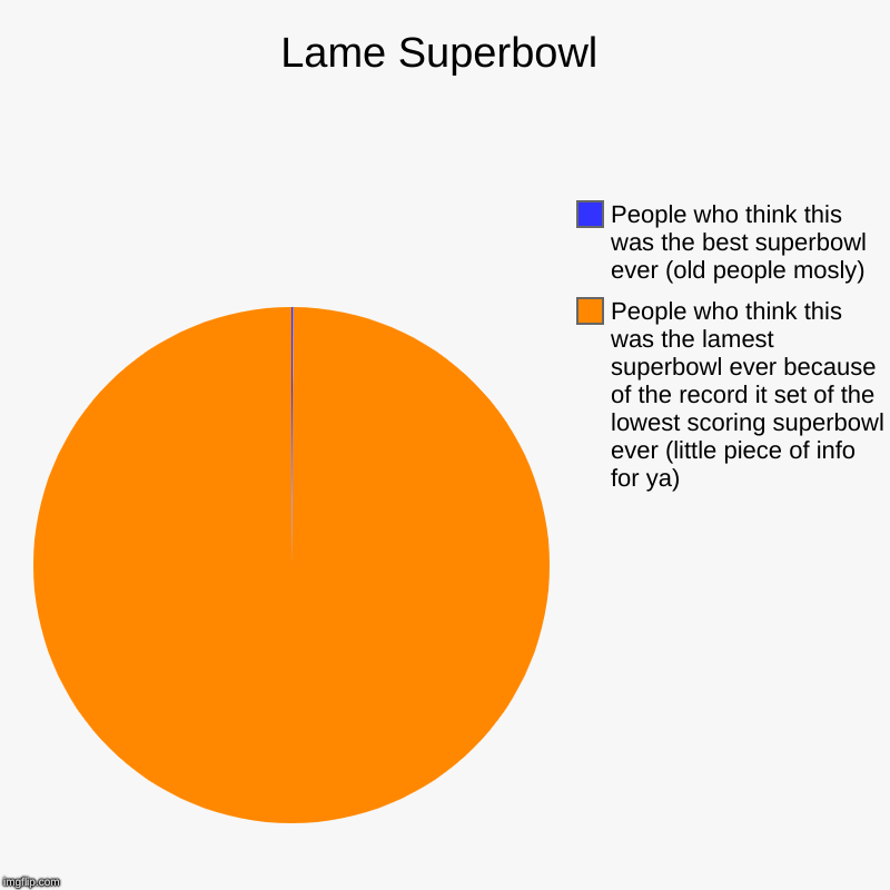 Lame Superbowl | People who think this was the lamest superbowl ever because of the record it set of the lowest scoring superbowl ever (litt | image tagged in charts,pie charts | made w/ Imgflip chart maker
