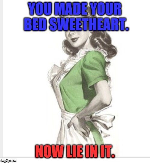 50's housewife | YOU MADE YOUR BED SWEETHEART. NOW LIE IN IT. | image tagged in 50's housewife | made w/ Imgflip meme maker