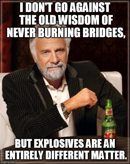Especially a bridge back to a dead end............ | I DON'T GO AGAINST THE OLD WISDOM OF NEVER BURNING BRIDGES, BUT EXPLOSIVES ARE AN ENTIRELY DIFFERENT MATTER. | image tagged in memes,the most interesting man in the world | made w/ Imgflip meme maker