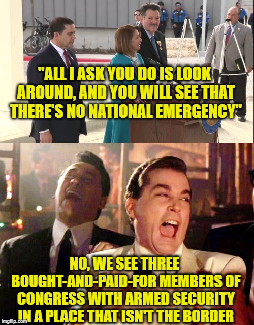 "ALL I ASK YOU DO IS LOOK AROUND, AND YOU WILL SEE THAT THERE'S NO NATIONAL EMERGENCY"; NO, WE SEE THREE BOUGHT-AND-PAID-FOR MEMBERS OF CONGRESS WITH ARMED SECURITY IN A PLACE THAT ISN'T THE BORDER | image tagged in nancy pelosi,democrats,border wall,el chapo,libtards | made w/ Imgflip meme maker