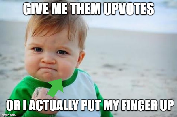 Fist pump baby | GIVE ME THEM UPVOTES; OR I ACTUALLY PUT MY FINGER UP | image tagged in fist pump baby | made w/ Imgflip meme maker