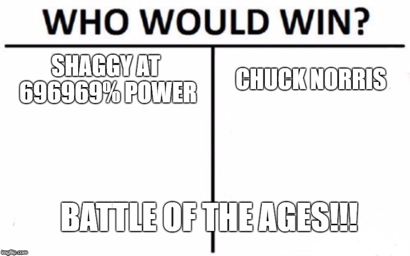 Who Would Win? Meme | SHAGGY AT 696969% POWER; CHUCK NORRIS; BATTLE OF THE AGES!!! | image tagged in memes,who would win | made w/ Imgflip meme maker