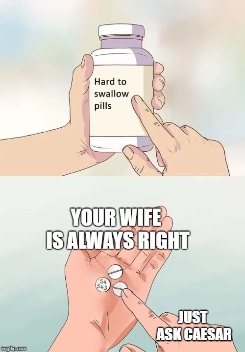 Hard To Swallow Pills Meme | YOUR WIFE IS ALWAYS RIGHT; JUST ASK CAESAR | image tagged in memes,hard to swallow pills | made w/ Imgflip meme maker