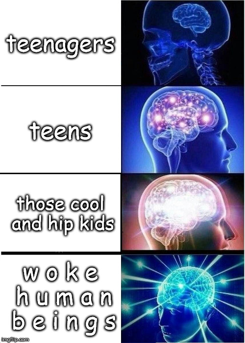 The correct way to call teenagers: a guide | teenagers; teens; those cool and hip kids; w o k e h u m a n b e i n g s | image tagged in memes,expanding brain | made w/ Imgflip meme maker