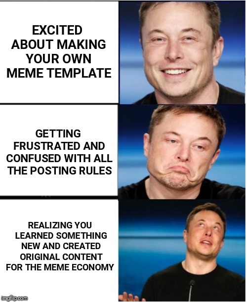 Meme economy lessons | EXCITED ABOUT MAKING YOUR OWN MEME TEMPLATE; GETTING FRUSTRATED AND CONFUSED WITH ALL THE POSTING RULES; REALIZING YOU LEARNED SOMETHING NEW AND CREATED ORIGINAL CONTENT FOR THE MEME ECONOMY | image tagged in elon musk,memes,economy,custom template | made w/ Imgflip meme maker