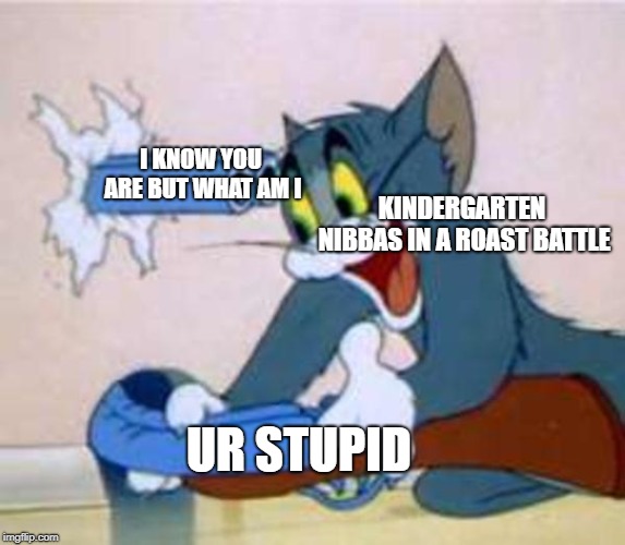 tom the cat shooting himself  | I KNOW YOU ARE BUT WHAT AM I; KINDERGARTEN NIBBAS IN A ROAST BATTLE; UR STUPID | image tagged in tom the cat shooting himself | made w/ Imgflip meme maker