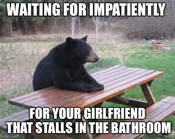Bad Luck Bear Meme | WAITING FOR IMPATIENTLY; FOR YOUR GIRLFRIEND THAT STALLS IN THE BATHROOM | image tagged in memes,bad luck bear | made w/ Imgflip meme maker
