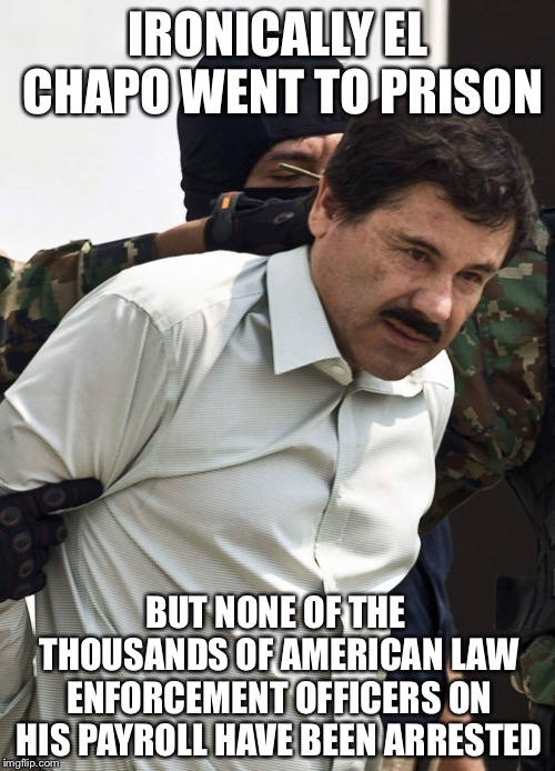 el chapo | IRONICALLY EL CHAPO WENT TO PRISON BUT NONE OF THE THOUSANDS OF AMERICAN LAW ENFORCEMENT OFFICERS ON HIS PAYROLL HAVE BEEN ARRESTED | image tagged in el chapo | made w/ Imgflip meme maker