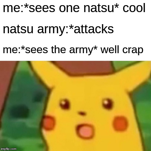 Surprised Pikachu Meme | me:*sees one natsu* cool natsu army:*attacks me:*sees the army* well crap | image tagged in memes,surprised pikachu | made w/ Imgflip meme maker