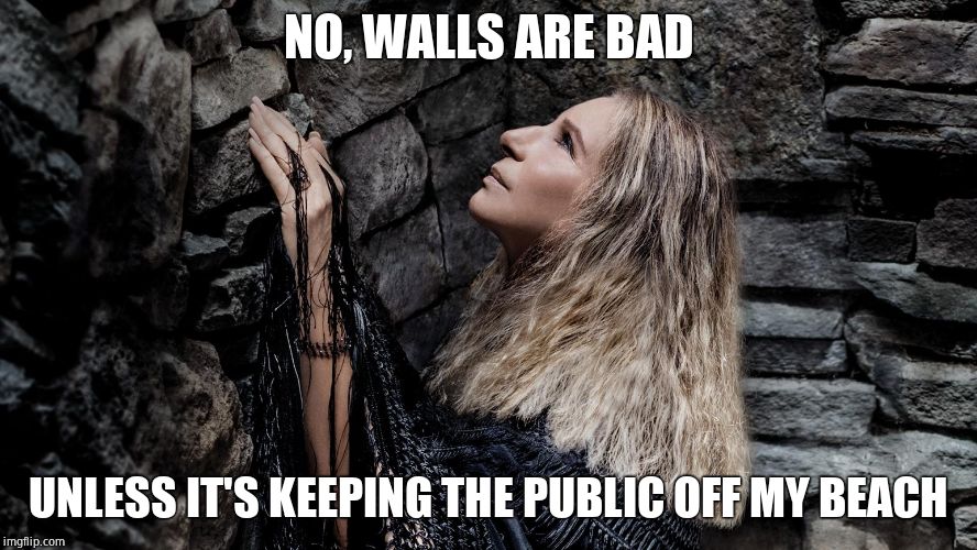 Barbra Streisand Walls | NO, WALLS ARE BAD UNLESS IT'S KEEPING THE PUBLIC OFF MY BEACH | image tagged in barbra streisand walls | made w/ Imgflip meme maker