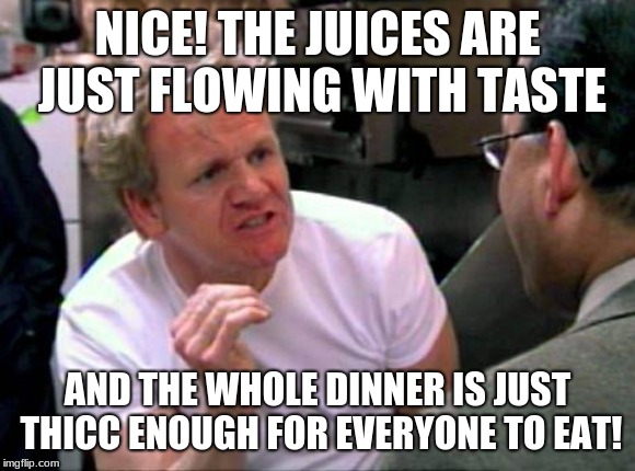 Gordon Ramsay | NICE! THE JUICES ARE JUST FLOWING WITH TASTE AND THE WHOLE DINNER IS JUST THICC ENOUGH FOR EVERYONE TO EAT! | image tagged in gordon ramsay | made w/ Imgflip meme maker