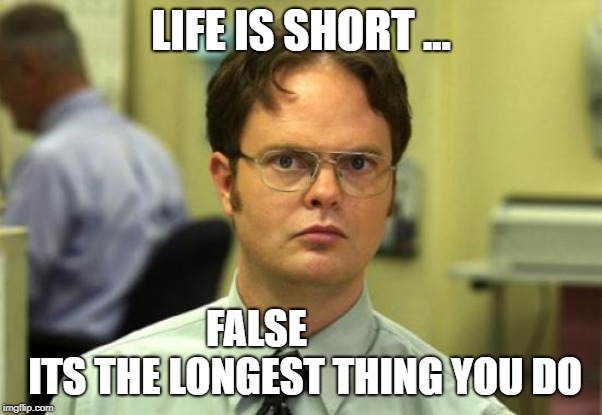 Dwight Schrute Meme | LIFE IS SHORT ... FALSE
            ITS THE LONGEST THING YOU DO | image tagged in memes,dwight schrute | made w/ Imgflip meme maker