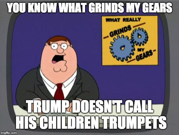 Peter Griffin News | YOU KNOW WHAT GRINDS MY GEARS; TRUMP DOESN'T CALL HIS CHILDREN TRUMPETS | image tagged in memes,peter griffin news | made w/ Imgflip meme maker