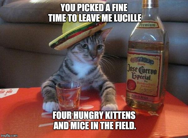 alcohol cat | YOU PICKED A FINE TIME TO LEAVE ME LUCILLE; FOUR HUNGRY KITTENS AND MICE IN THE FIELD. | image tagged in alcohol cat | made w/ Imgflip meme maker