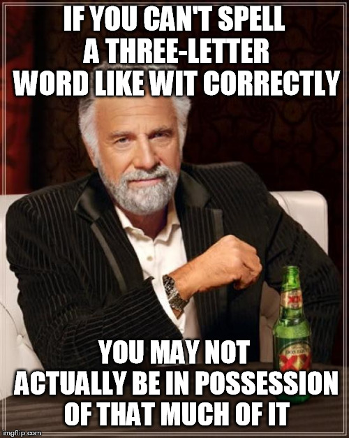 The Most Interesting Man In The World Meme | IF YOU CAN'T SPELL A THREE-LETTER WORD LIKE WIT CORRECTLY YOU MAY NOT ACTUALLY BE IN POSSESSION OF THAT MUCH OF IT | image tagged in memes,the most interesting man in the world | made w/ Imgflip meme maker