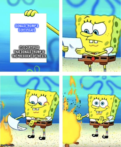 Spongebob Burning Paper | DONALD TRUMP'S CERTIFICATE; IT IS CERTIFIED THAT DONALD TRUMP IS THE PRESIDENT OF THE U.S. | image tagged in spongebob burning paper | made w/ Imgflip meme maker