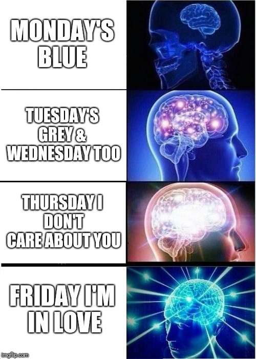 Expanding Brain Meme | MONDAY'S BLUE; TUESDAY'S GREY
&  WEDNESDAY TOO; THURSDAY
I DON'T CARE ABOUT YOU; FRIDAY
I'M IN LOVE | image tagged in memes,expanding brain | made w/ Imgflip meme maker
