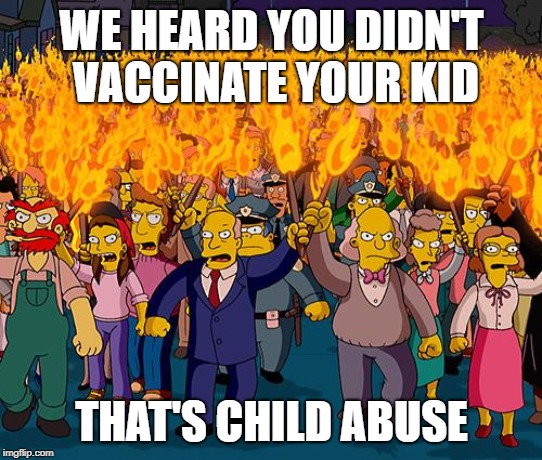 angry mob | WE HEARD YOU DIDN'T VACCINATE YOUR KID; THAT'S CHILD ABUSE | image tagged in angry mob | made w/ Imgflip meme maker
