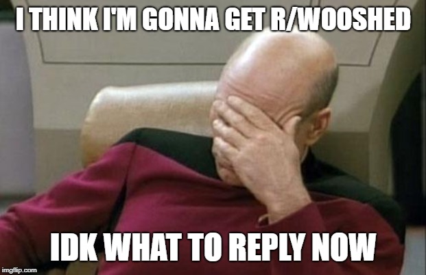 Captain Picard Facepalm Meme | I THINK I'M GONNA GET R/WOOSHED IDK WHAT TO REPLY NOW | image tagged in memes,captain picard facepalm | made w/ Imgflip meme maker