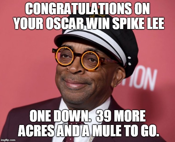 Spike lee purple prince suit | CONGRATULATIONS ON YOUR OSCAR WIN SPIKE LEE; ONE DOWN.  39 MORE ACRES AND A MULE TO GO. | image tagged in smile | made w/ Imgflip meme maker