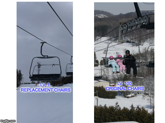 Why the original chairs are better than their replacements | LV. 100 ORIGINAL CHAIRS; LV. 1 REPLACEMENT CHAIRS | image tagged in blank white template,bm lifts,blue mountain lifts,memes,ski lifts | made w/ Imgflip meme maker