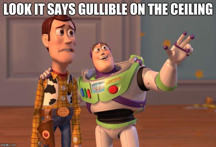 X, X Everywhere Meme | LOOK IT SAYS GULLIBLE ON THE CEILING | image tagged in memes,x x everywhere | made w/ Imgflip meme maker