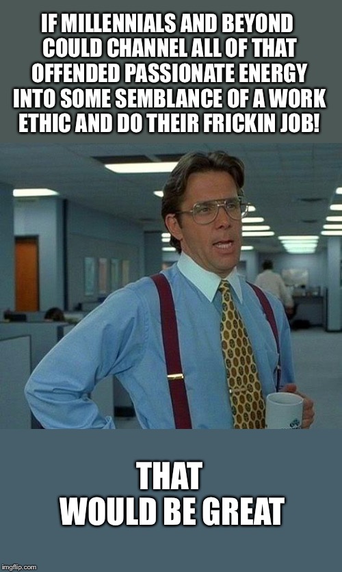 That Would Be Great Meme | IF MILLENNIALS AND BEYOND COULD CHANNEL ALL OF THAT OFFENDED PASSIONATE ENERGY INTO SOME SEMBLANCE OF A WORK ETHIC AND DO THEIR FRICKIN JOB! THAT WOULD BE GREAT | image tagged in memes,that would be great | made w/ Imgflip meme maker