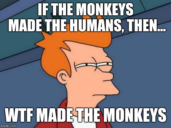 Futurama Fry | IF THE MONKEYS MADE THE HUMANS, THEN... WTF MADE THE MONKEYS | image tagged in memes,futurama fry | made w/ Imgflip meme maker