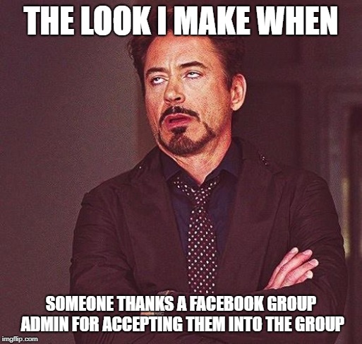 The Look I Make | THE LOOK I MAKE WHEN; SOMEONE THANKS A FACEBOOK GROUP ADMIN FOR ACCEPTING THEM INTO THE GROUP | image tagged in robert downey jr annoyed,facebook,facebook group | made w/ Imgflip meme maker