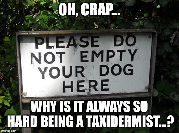 Where’s my dog...? | OH, CRAP... WHY IS IT ALWAYS SO HARD BEING A TAXIDERMIST...? | image tagged in funny signs | made w/ Imgflip meme maker