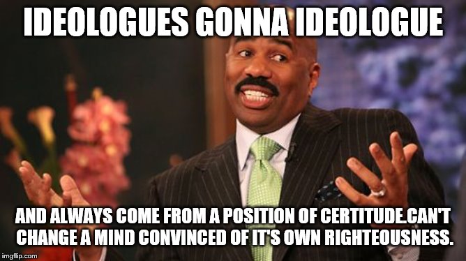 Steve Harvey Meme | IDEOLOGUES GONNA IDEOLOGUE AND ALWAYS COME FROM A POSITION OF CERTITUDE.CAN'T CHANGE A MIND CONVINCED OF IT'S OWN RIGHTEOUSNESS. | image tagged in memes,steve harvey | made w/ Imgflip meme maker