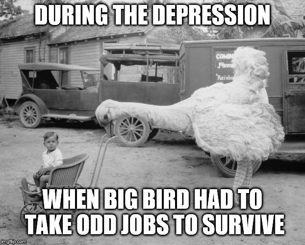 DURING THE DEPRESSION; WHEN BIG BIRD HAD TO TAKE ODD JOBS TO SURVIVE | image tagged in big bird,sesame street,the great depression,depression | made w/ Imgflip meme maker