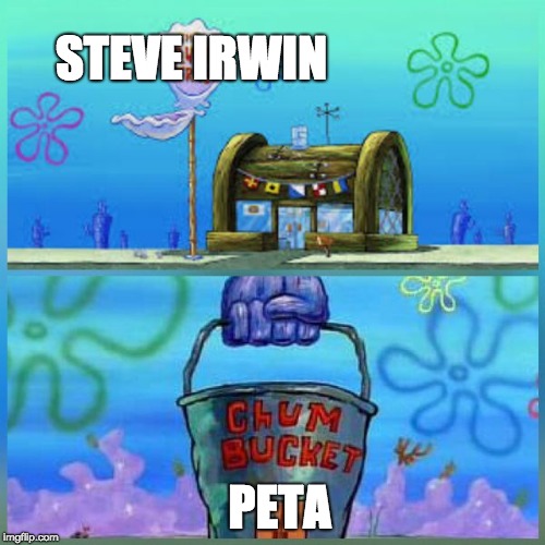 Better | STEVE IRWIN; PETA | image tagged in memes,krusty krab vs chum bucket | made w/ Imgflip meme maker