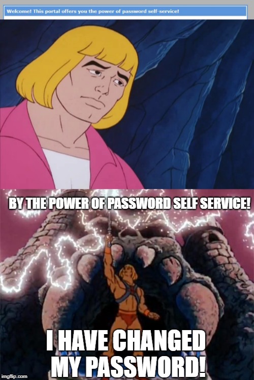Power is maybe not the word you wanted there | BY THE POWER OF PASSWORD SELF SERVICE! I HAVE CHANGED MY PASSWORD! | image tagged in he-man,password | made w/ Imgflip meme maker