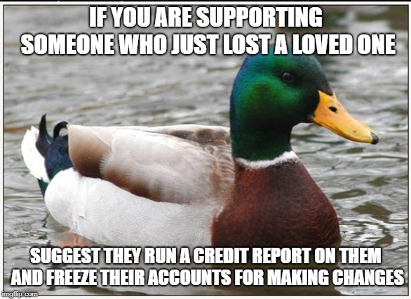 Actual Advice Mallard | IF YOU ARE SUPPORTING SOMEONE WHO JUST LOST A LOVED ONE; SUGGEST THEY RUN A CREDIT REPORT ON THEM AND FREEZE THEIR ACCOUNTS FOR MAKING CHANGES | image tagged in memes,actual advice mallard,AdviceAnimals | made w/ Imgflip meme maker