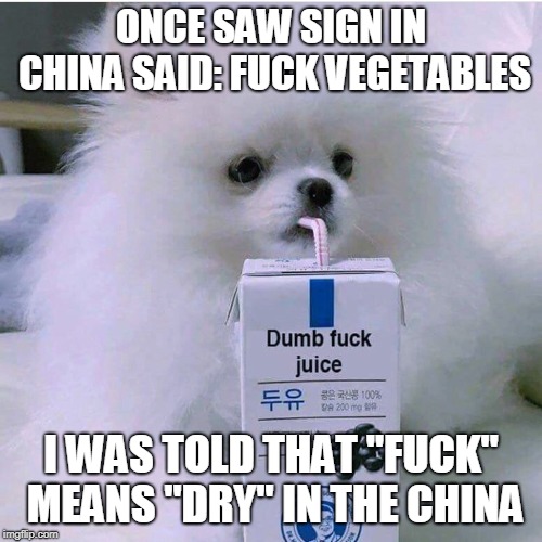 Dumbfuck juice | ONCE SAW SIGN IN CHINA SAID: FUCK VEGETABLES; I WAS TOLD THAT "FUCK" MEANS "DRY" IN THE CHINA | image tagged in dumbfuck juice | made w/ Imgflip meme maker