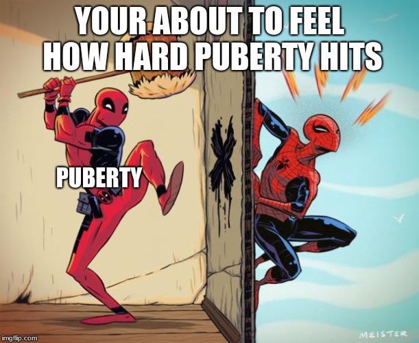 deadpool hammers spiderman | YOUR ABOUT TO FEEL HOW HARD PUBERTY HITS; PUBERTY | image tagged in deadpool hammers spiderman | made w/ Imgflip meme maker