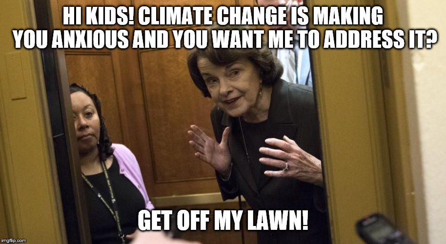 Sneaky Diane Feinstein | HI KIDS! CLIMATE CHANGE IS MAKING YOU ANXIOUS AND YOU WANT ME TO ADDRESS IT? GET OFF MY LAWN! | image tagged in sneaky diane feinstein | made w/ Imgflip meme maker