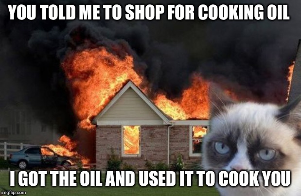 Burn Kitty | YOU TOLD ME TO SHOP FOR COOKING OIL; I GOT THE OIL AND USED IT TO COOK YOU | image tagged in memes,burn kitty,grumpy cat | made w/ Imgflip meme maker